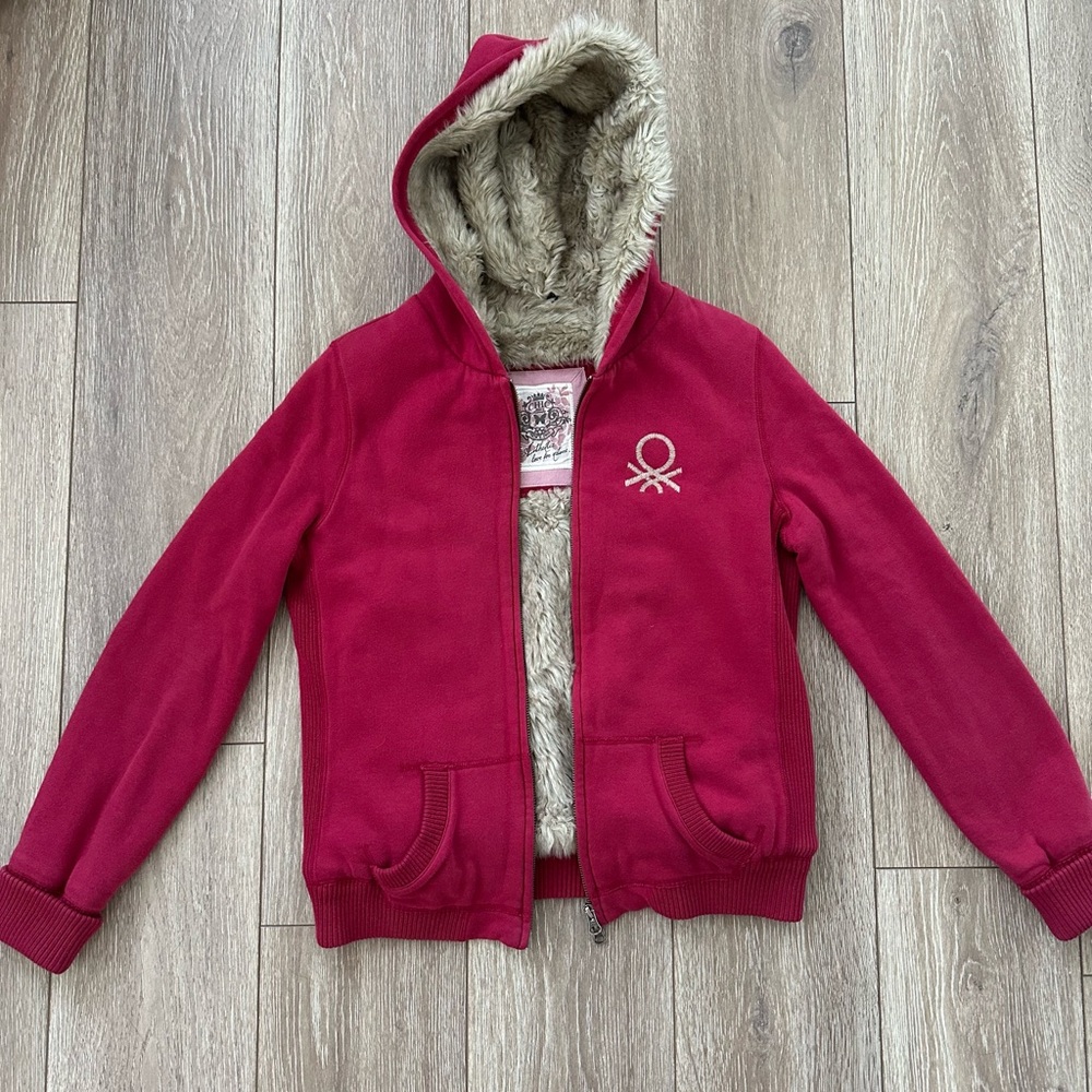 United Colors Of Benetton Y2K Fuchsia Hooded Jacket Faux Fur Lining Size L